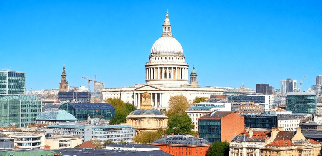 A vibrant London cityscape featuring St. Paul’s Cathedral and the River Thames, blending modern and historical architecture under a bright blue sky.